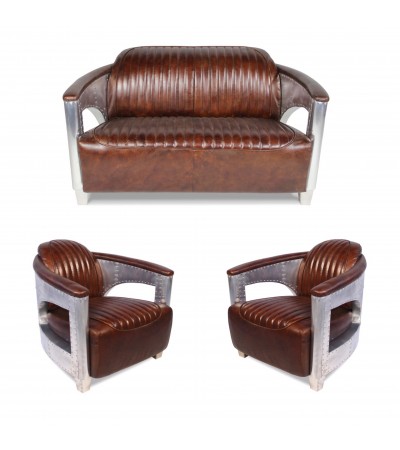 Sofa 2 Sitzer und 2 Aviator Sessel "Chuck" in Braun Vintage Leder