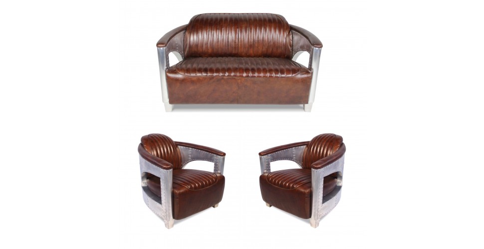 Sofa 2 Sitzer und 2 Aviator Sessel "Chuck" in Braun Vintage Leder