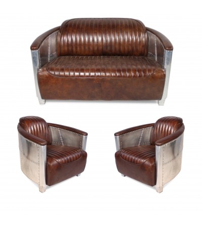 Sofa 2 Sitzer und 2 Aviator Sessel "Mermoz" in Braun Vintage Leder