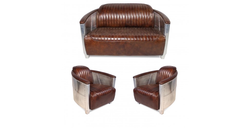 Sofa 2 Sitzer und 2 Aviator Sessel "Mermoz" in Braun Vintage Leder