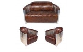 Canapé 2 places et ses 2 Fauteuils Aviateur "Mermoz" Cuir marron vintage