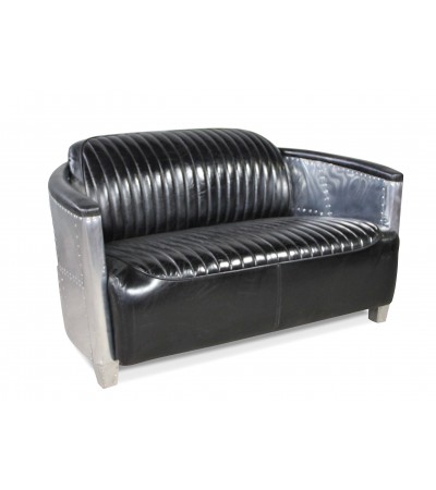 Canapé 2 places et ses 2 fauteuils aviateur cuir noir vintage - collection Mermoz