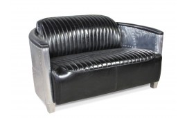 Canapé 2 places et ses 2 fauteuils aviateur cuir noir vintage - collection Mermoz