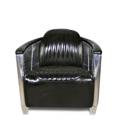 Canapé 2 places et ses 2 fauteuils aviateur cuir noir vintage - collection Mermoz