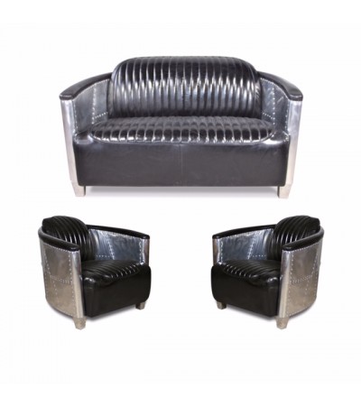 Sofa 2 Sitzer und 2 Aviator Sessel "Mermoz" in schwarz Vintage Leder
