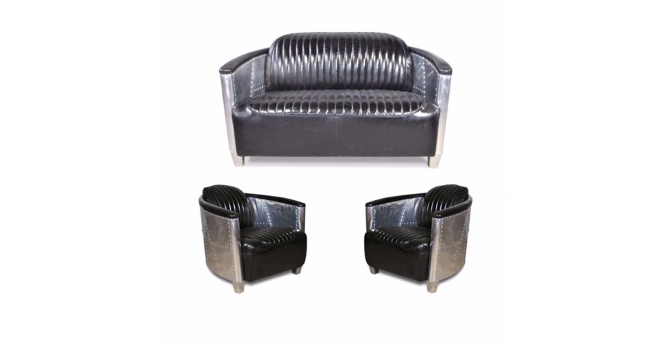 Sofa 2-Sitzer und 2 Aviator Sessel schwarze vintage Leder - Kollektion Mermoz