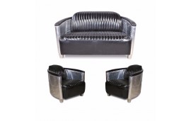 Canapé 2 places et ses 2 fauteuils aviateur cuir noir vintage - collection Mermoz