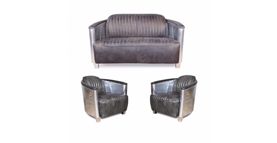 Sofa 2 Sitzer und 2 Aviator Sessel "Mermoz" in Graue Vintage Leder