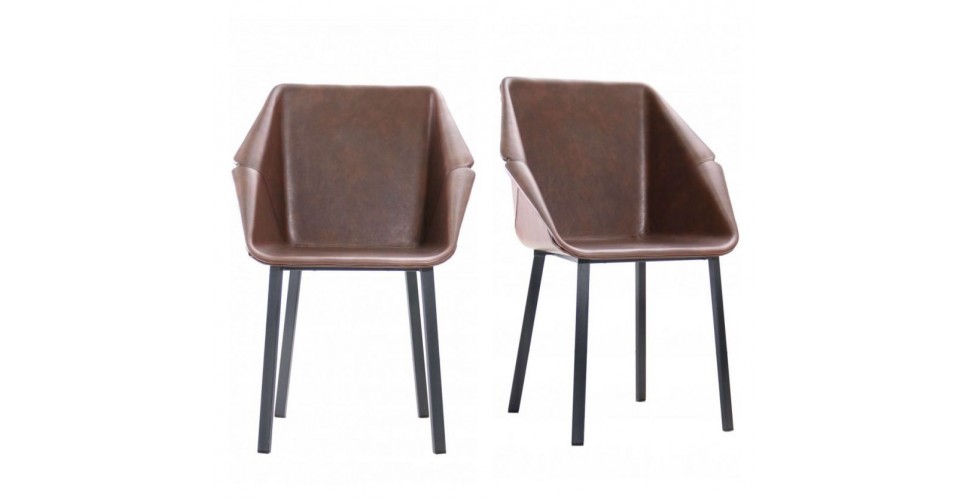 2 Chaises "Oxford" en cuir brun et métal noir
