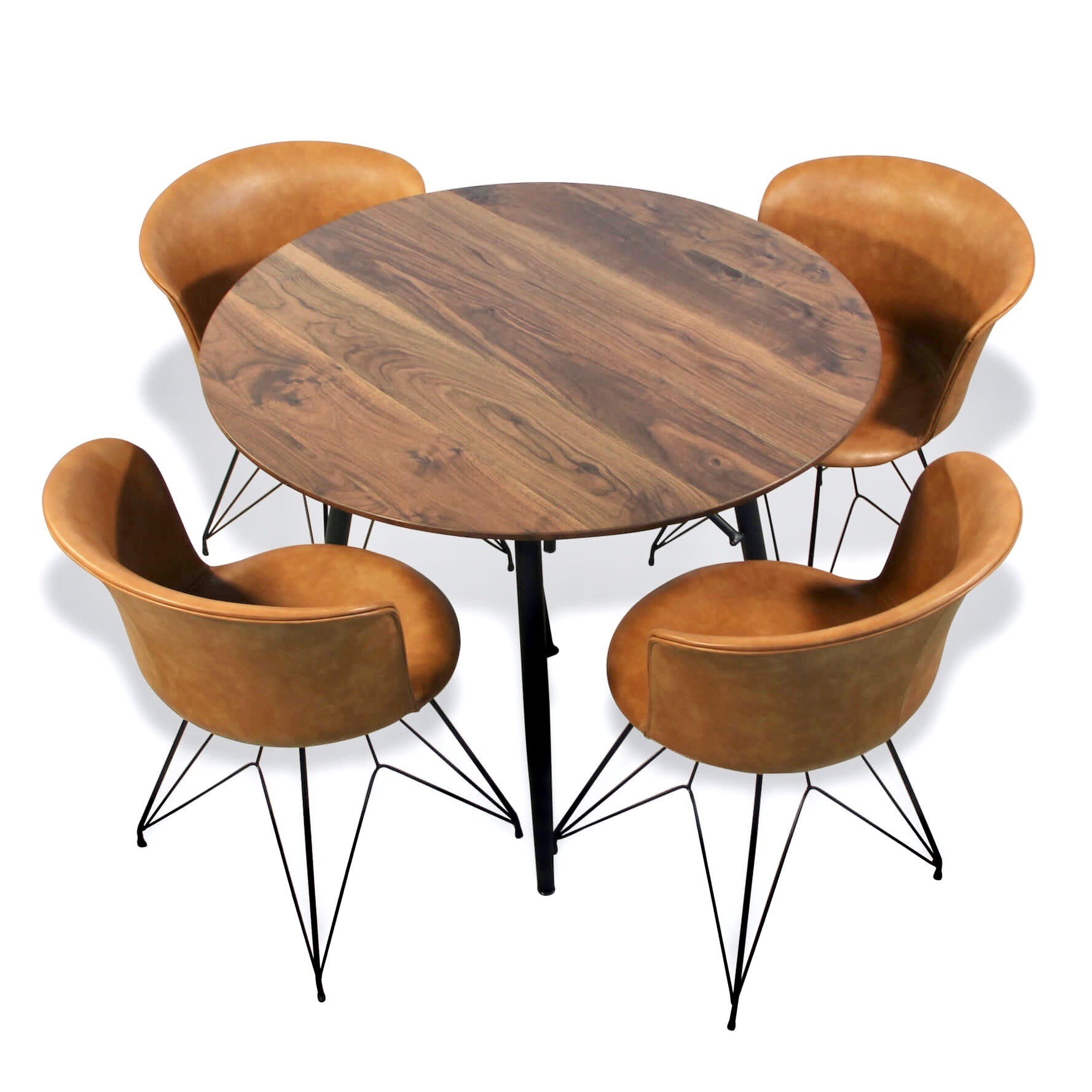 Runder Esstisch mit 4 Vintage braunen Leder und Metallstühlen