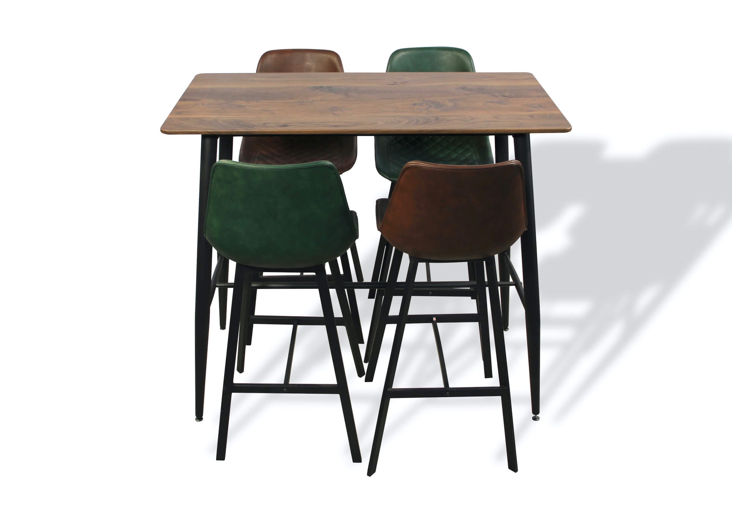 Hoher Esstisch mit 4 Vintage braunen Leder- und Metallstühlen