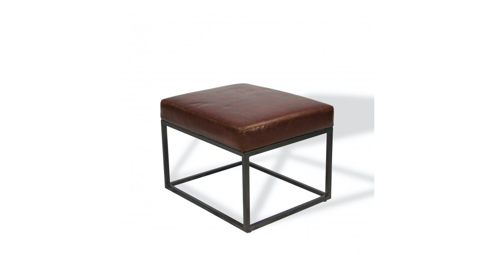 Pouf "Julian" cuir brun Vintage et métal