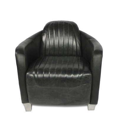 Fauteuil aviateur cuir noir vintage et métal 