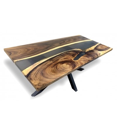 Table à manger en bois naturel et résine fumée 180 cm "Truffe Noire"