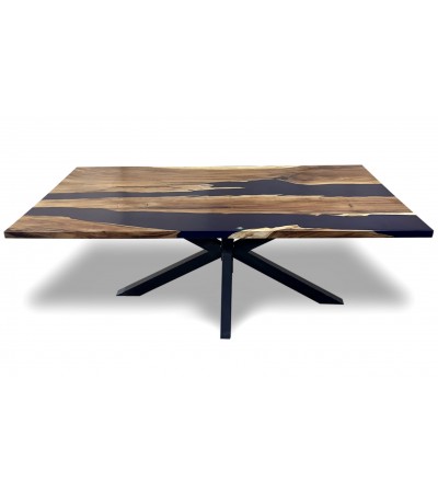 Table de repas en bois de Suar et résine époxy bleue 201 cm "Lagon"