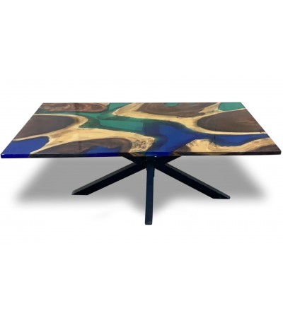Table de repas bois de Suar et résine epoxy bleue 200 cm "Maya Bay"