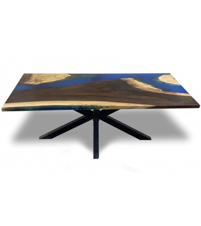 Tisch aus reinem Suar Holz und blauem Epoxidharz 200 cm "Fleur bleue"