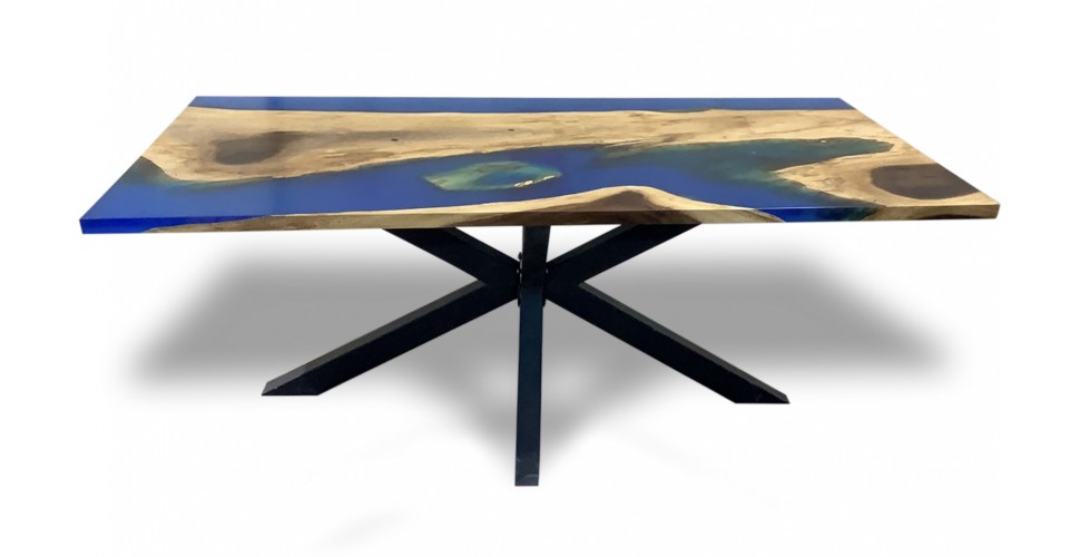 Tisch aus reinem Suar Holz und blauem Epoxidharz 200 cm "Fleur bleue"