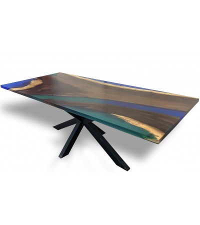 Table en résine verte et bleue, bois massif 230 cm "Topaze vert"