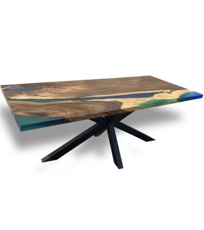 Tisch aus Holz und grünem und blauem Epoxidharz, 200 cm "Absinthe"