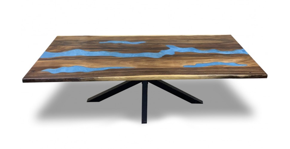 Tisch aus Massiv Holz und blauem Epoxidharz 200 cm "Bleu de Minuit"