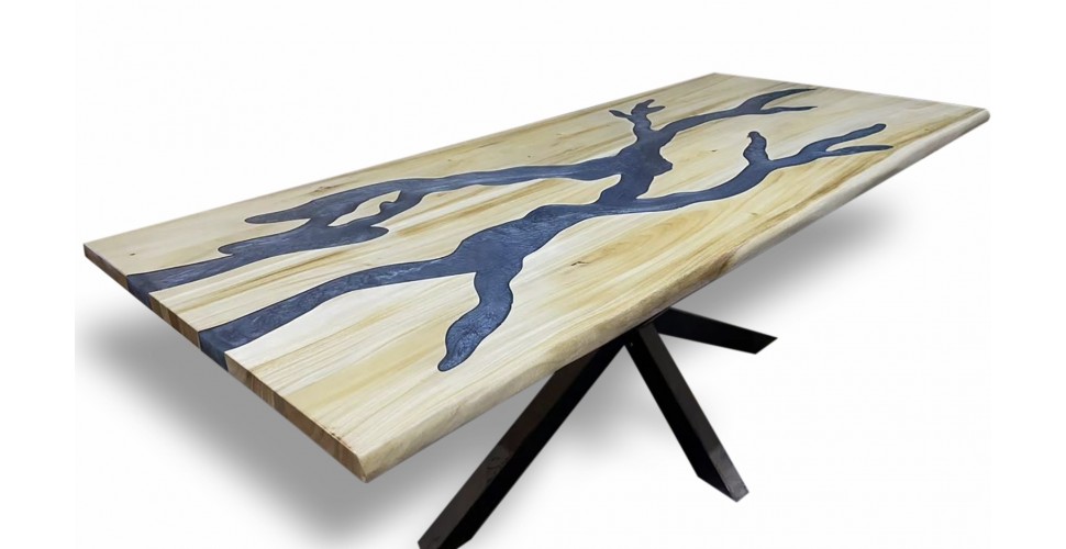 Table en bois de Suar et résine grise, 230 cm "Noir de fumée"