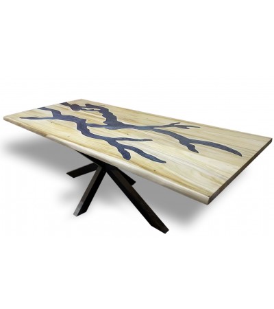 Tisch aus echtem Suar-Holz und grauem Epoxid 200 cm "Noir d'Encre""