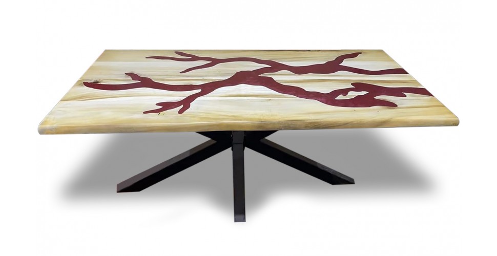 Petite table bois épais et époxy rouge 180 cm "Etna"