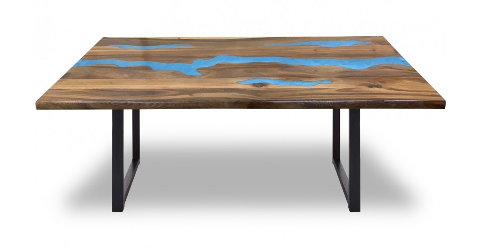 Table en bois de Suar et résine époxy bleu, 180 cm "Bitume"