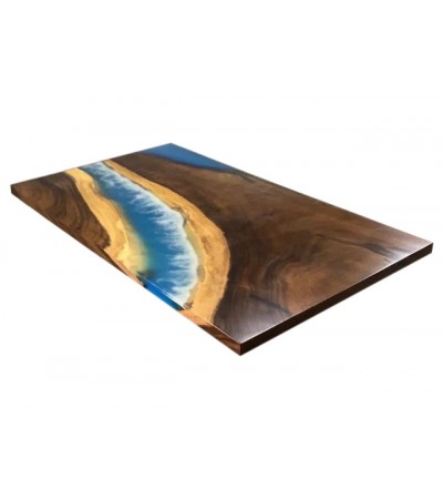 Grande table basse bois massif et resine bleue 140 cm "Speculoos"