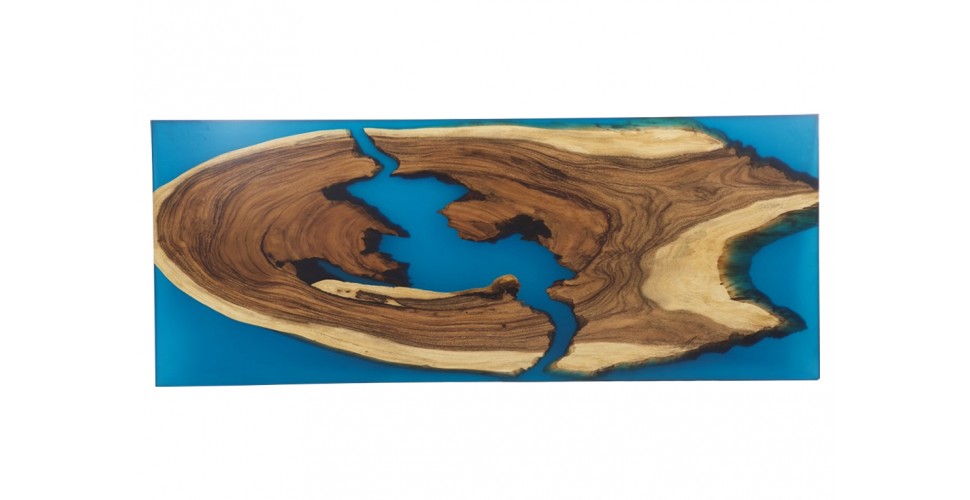 Table en bois de Suar et résine époxy bleu, 250 cm "Bitume"