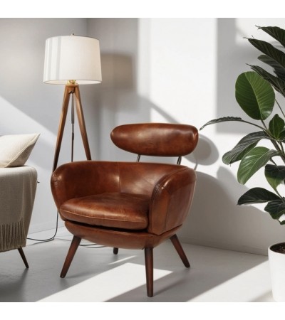 Fauteuil cuir marron vintage - collection Sixtees