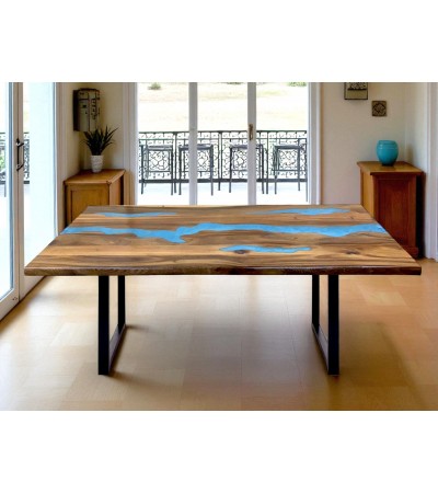 Table en bois de Suar et résine époxy bleu, 180 cm "Bitume"