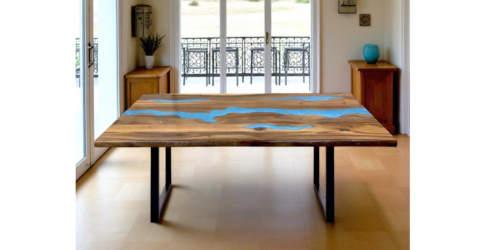 Table en bois de Suar et résine époxy bleu, 180 cm "Bitume"