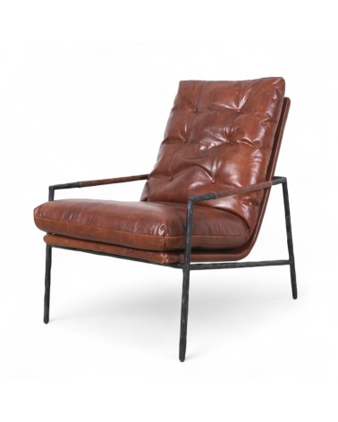 Fauteuil design industriel cuir brun et métal noir- modèle Hope