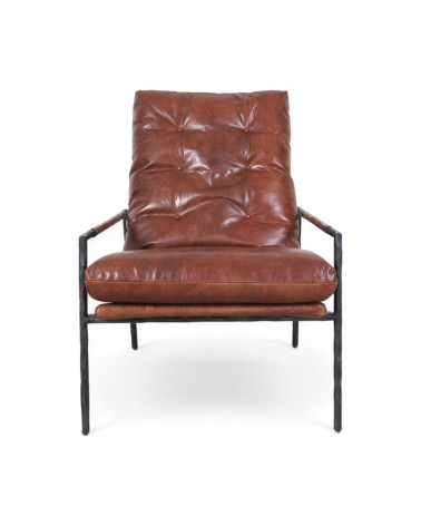 Fauteuil design industriel cuir brun et métal noir- modèle Hope