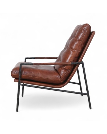 Fauteuil design industriel cuir brun et métal noir- modèle Hope