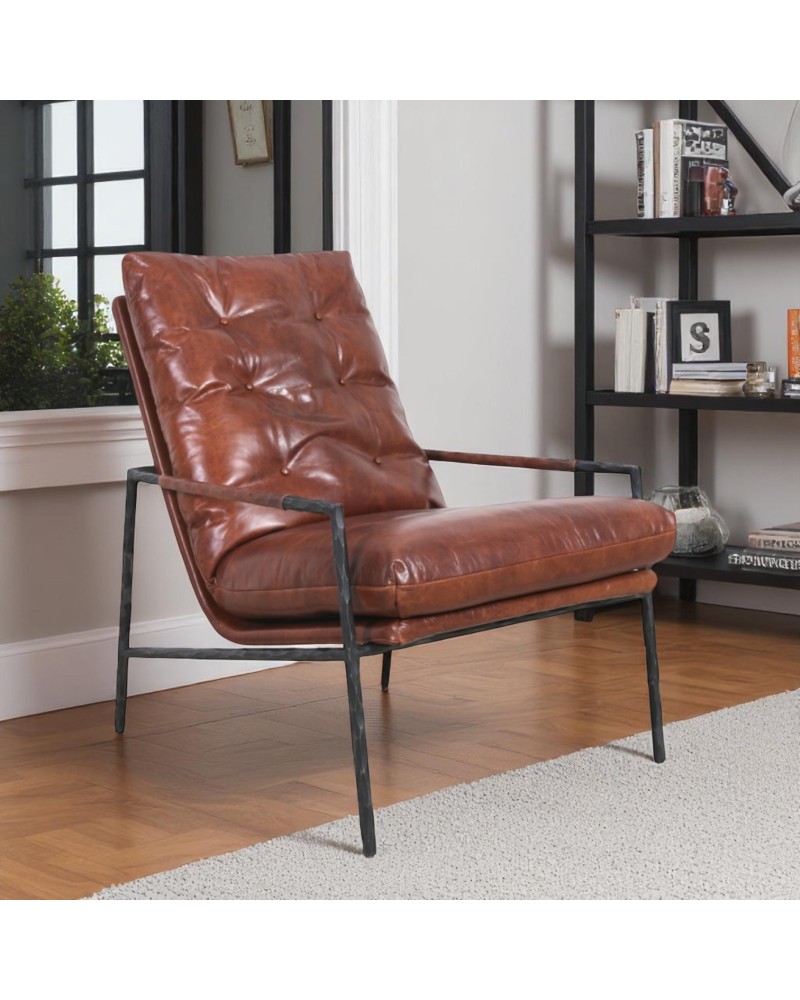 Fauteuil design industriel cuir brun et métal noir- modèle Hope