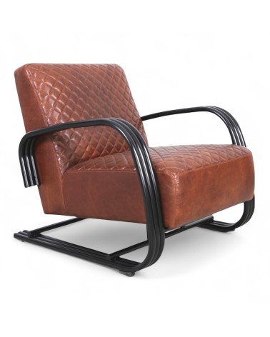 Fauteuil design cuir marron et métal - modèle Dustin
