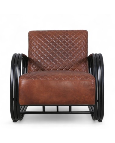 Fauteuil design cuir marron et métal - modèle Dustin