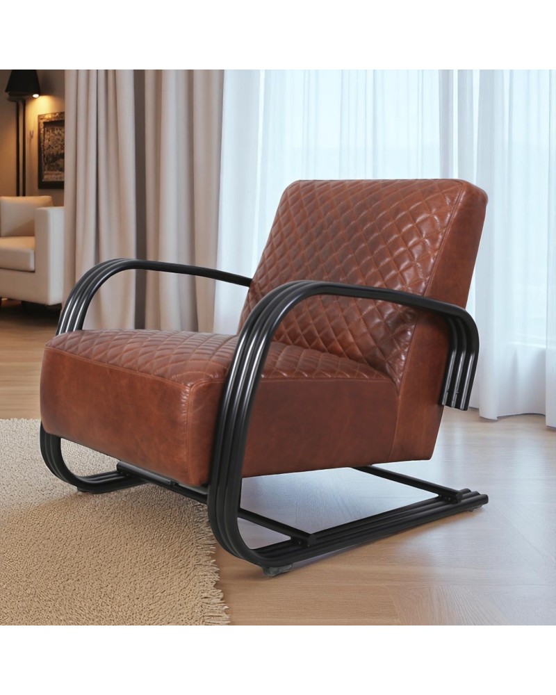 Fauteuil design cuir marron et métal - modèle Dustin