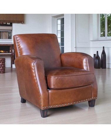 Fauteuil cuir marron vieilli marron style rétro - collection Vito