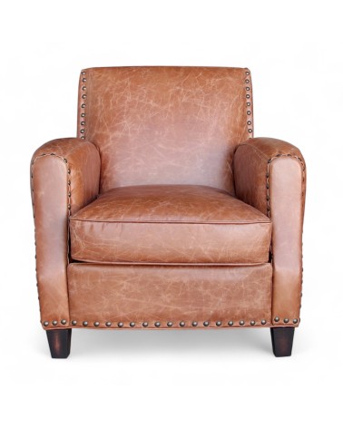 Fauteuil cuir marron clair patiné inspiration vintage - collection Vito