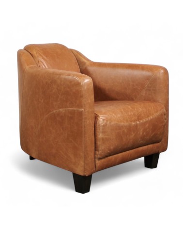 Fauteuil club cuir marron clair vintage - collection Alfred