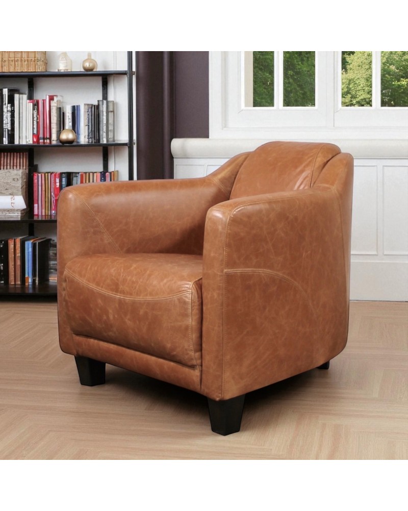 Fauteuil club cuir marron clair vintage - collection Alfred