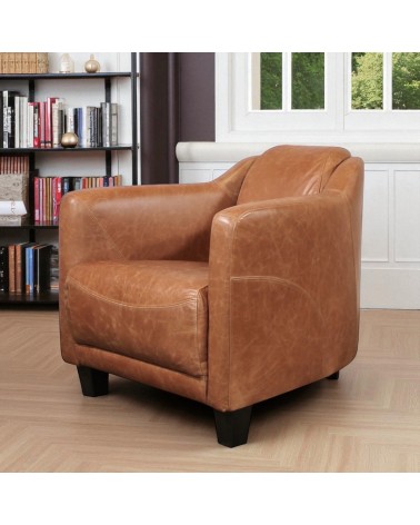 Fauteuil club cuir marron clair vintage - collection Alfred