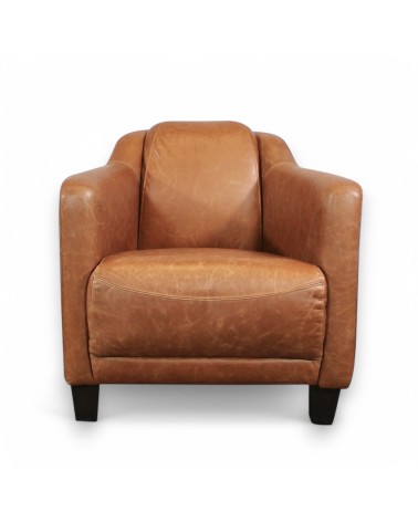 Fauteuil club cuir marron clair vintage - collection Alfred