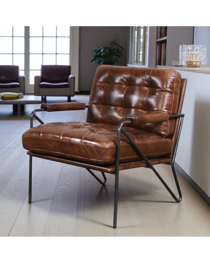 Gepolsterter Sessel braunem Leder Metall - Modell Clint Gepolsterter Sessel braunem Leder Metall - Modell Clint