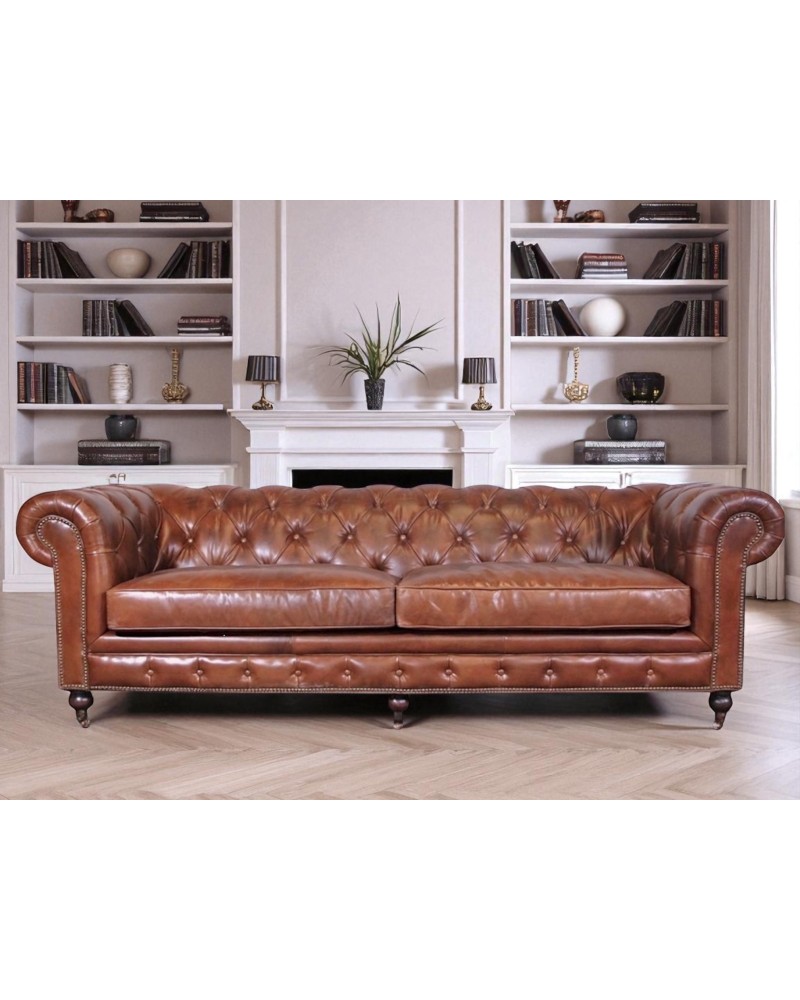 Canapé Chesterfield cuir vintage marron 4 places "Windsor"