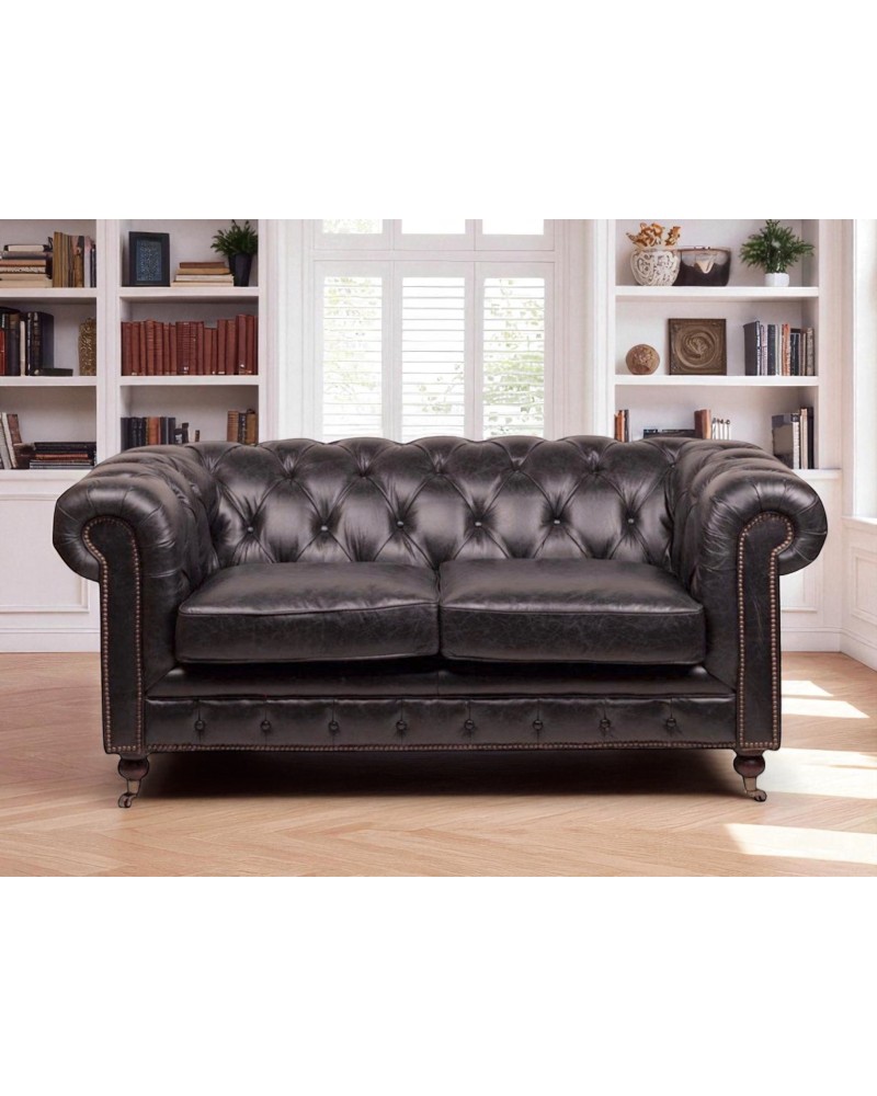 Canapé Chesterfield cuir vintage noir 2 places - collection Windsor